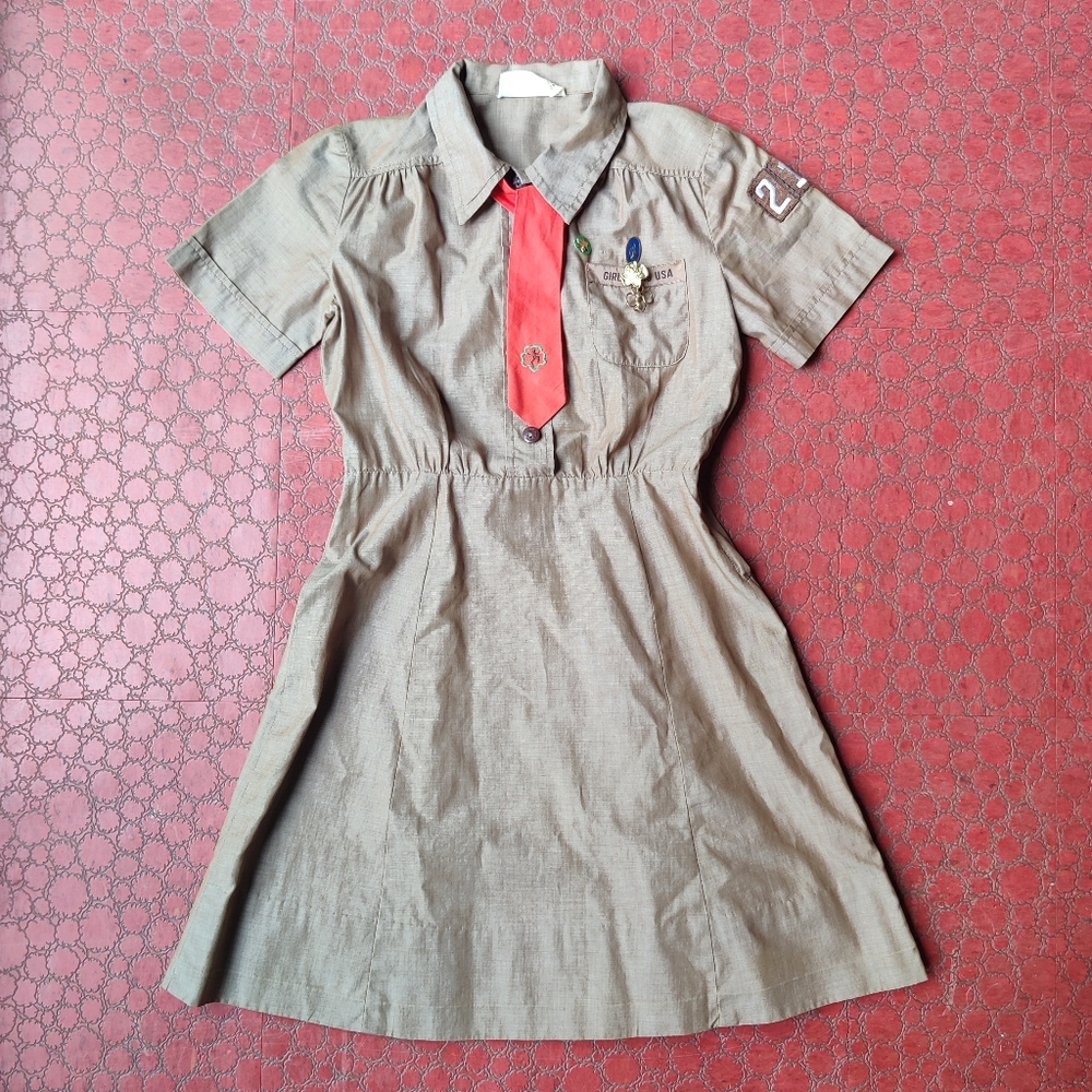 Vintage Girl Scout Brownies Dress Uniform 50s 60s Orange Tie Pins USA Troop 211